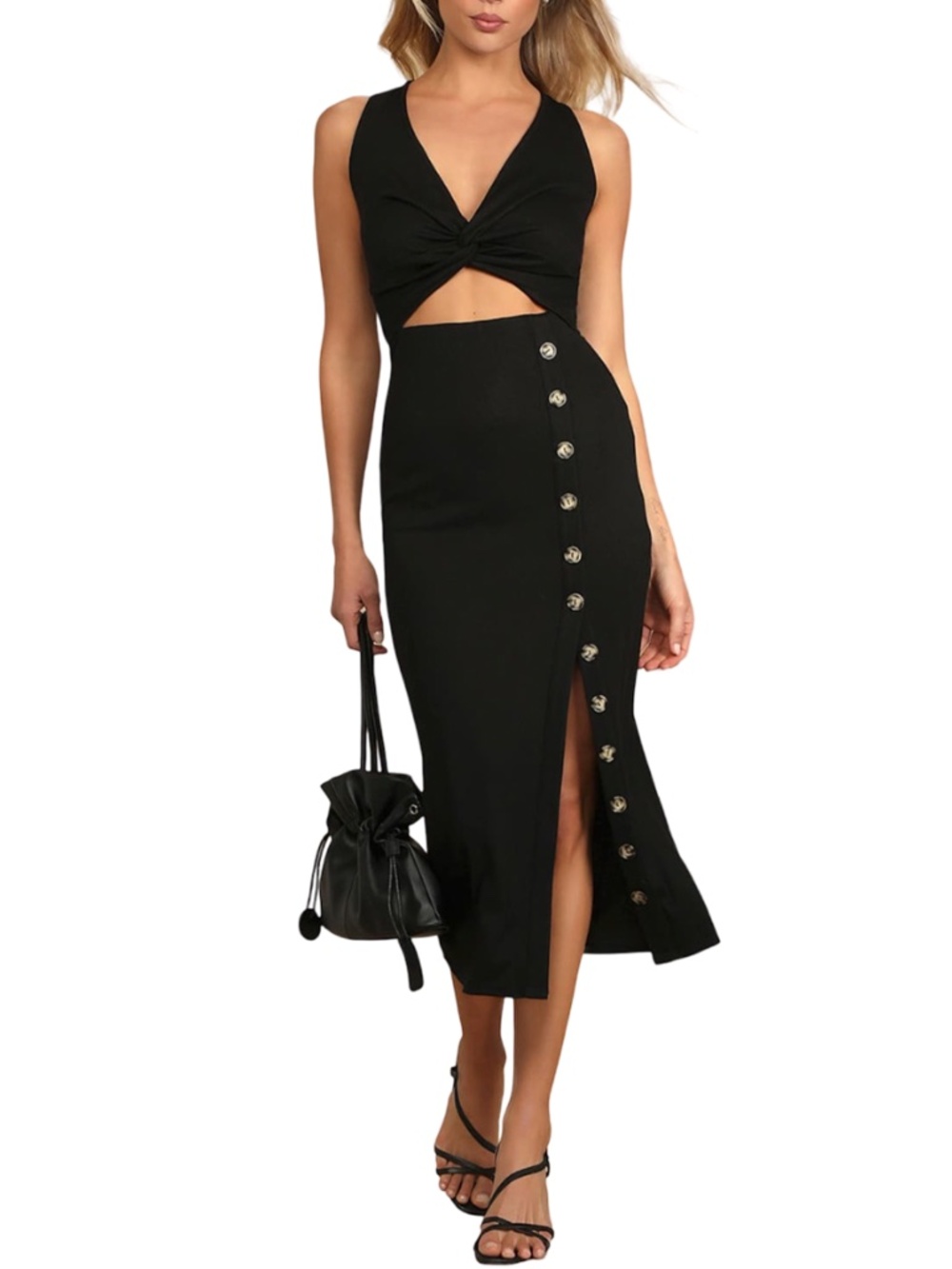 Lulus Cut Out Dress Rib Knit Bodycon Deep V-Neckline Twist Front Bodice